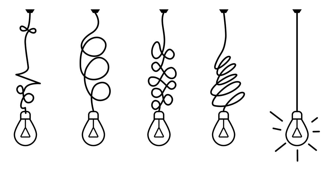 Light bulbs with different cord patterns showing organized thinking